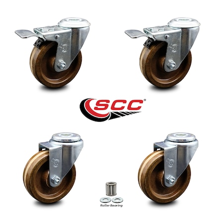 4 Inch High Temp Phenolic Swivel Bolt Hole Caster Set With 2 Total Lock Brake